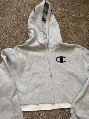 Champion Light Heather Gray Cropped Hoodie with Black Logo